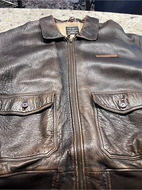 Avirex Brown Leather Bomber Jacket with Front Zip
